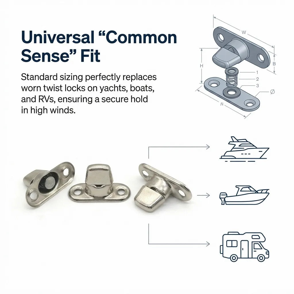 Technical diagram showing common sense fit for yachts, boats, and RVs with standard sizing for twist lock replacement.