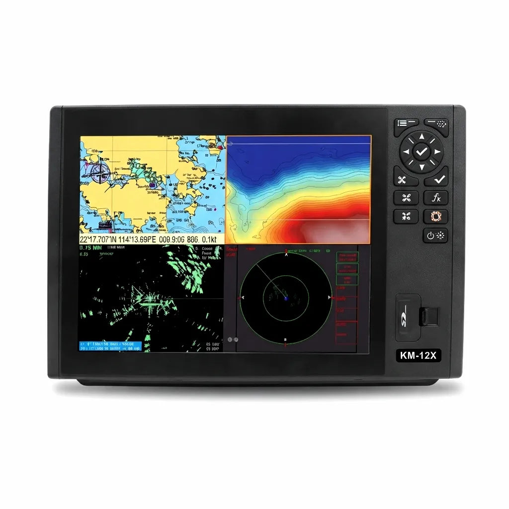 ONWA KM-12X 12-inch 5-in-1 Marine Chartplotter with GPS, Class B AIS, Fish Finder, Sonar, and Radar on white background