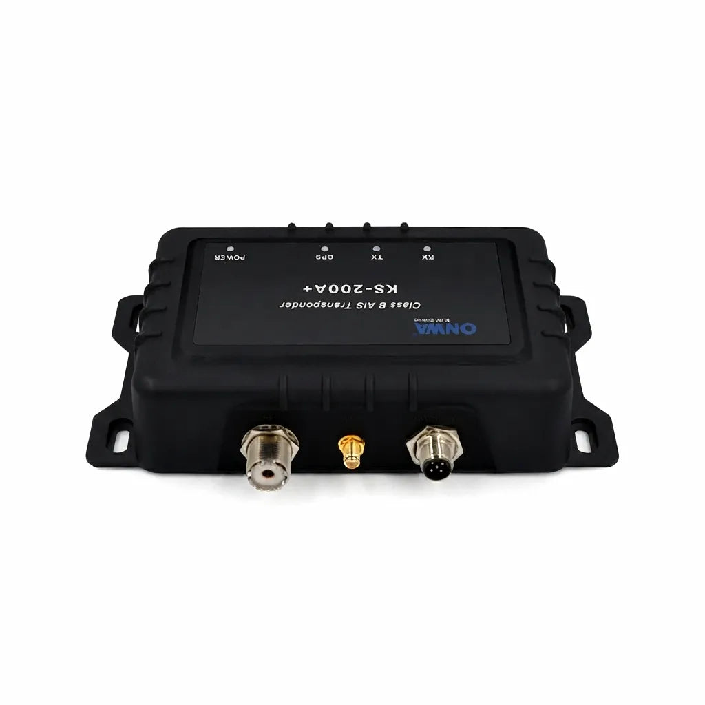 ONWA KS-200A+ Class B+ Marine AIS Transponder with NMEA 2000, GPS, and Wi-Fi connectivity on white background. View of front panel showing power, GPS, TX, RX indicator LEDs and antenna connectors.