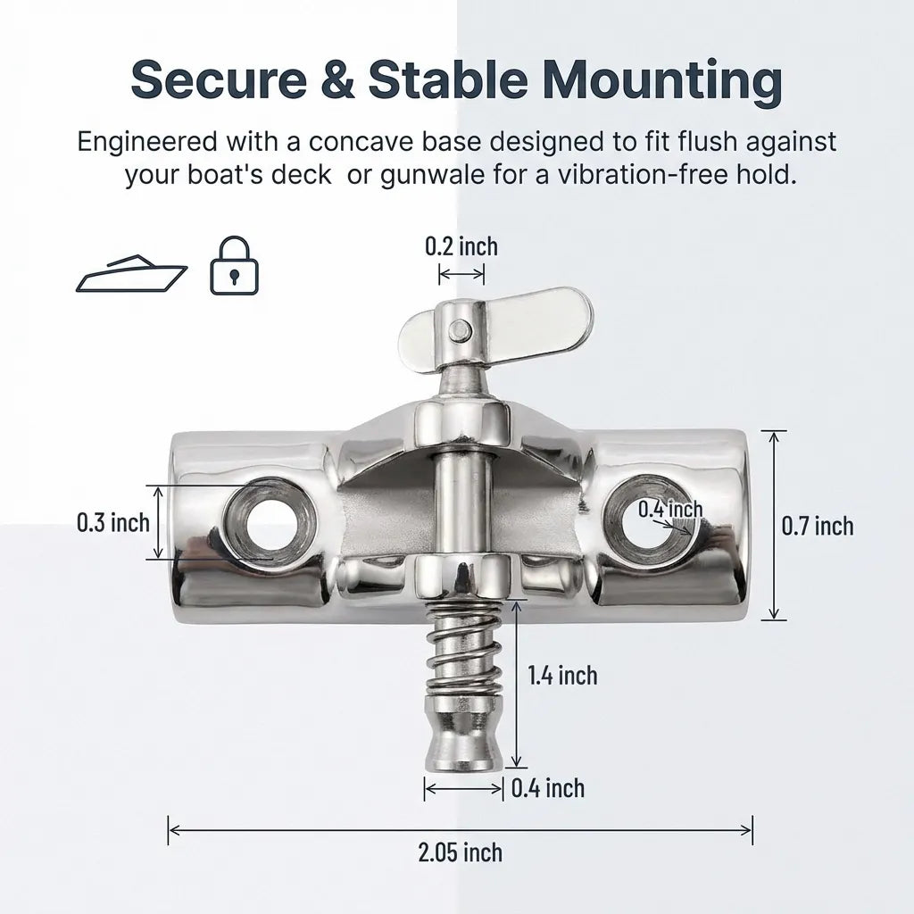 Top-down view of the deck hinge with dimension labels: 2.05 inch length, 0.7 inch width, and 1.4 inch pin length.