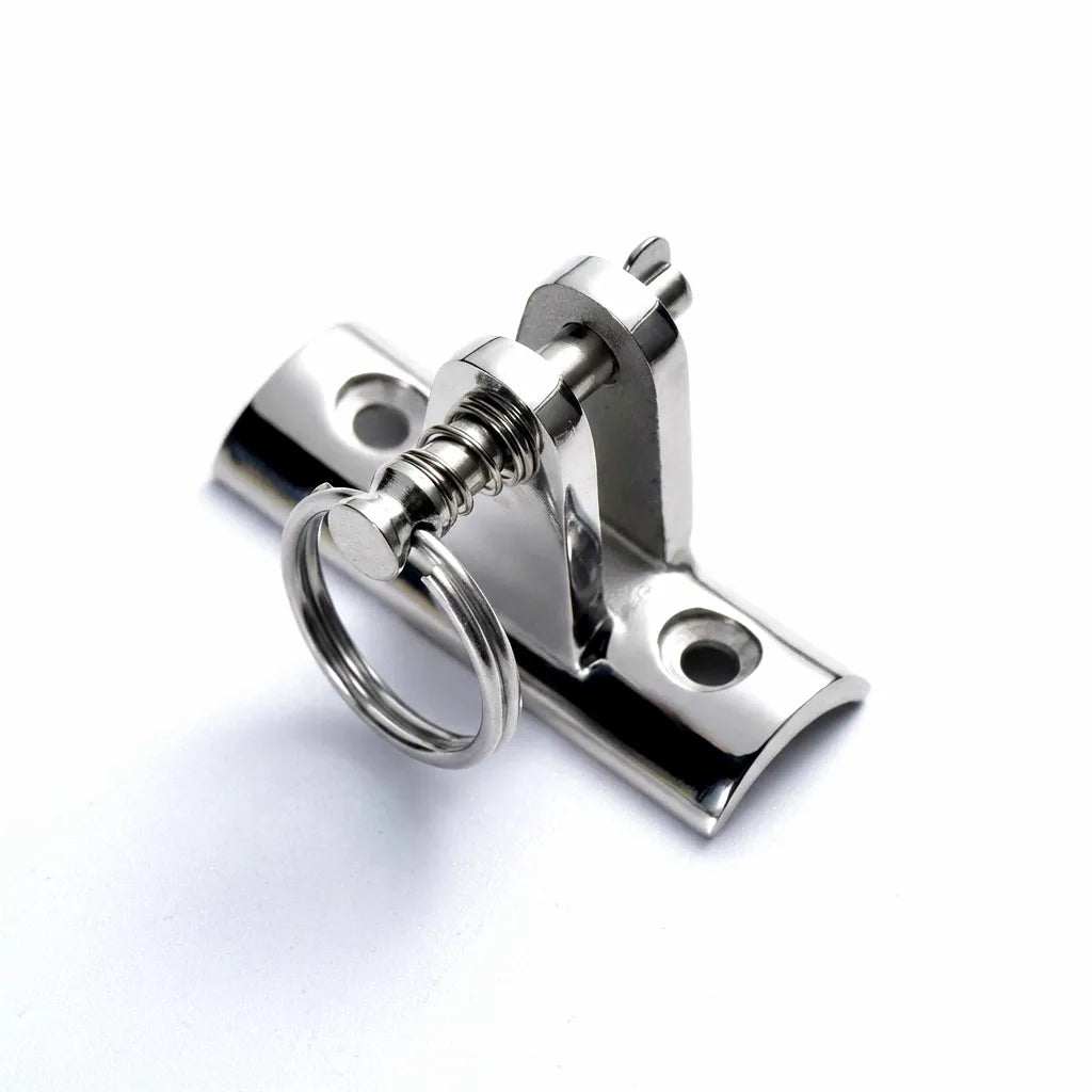 Mirror-polished 316 stainless steel bimini top deck hinge with quick-release pin on a white background.