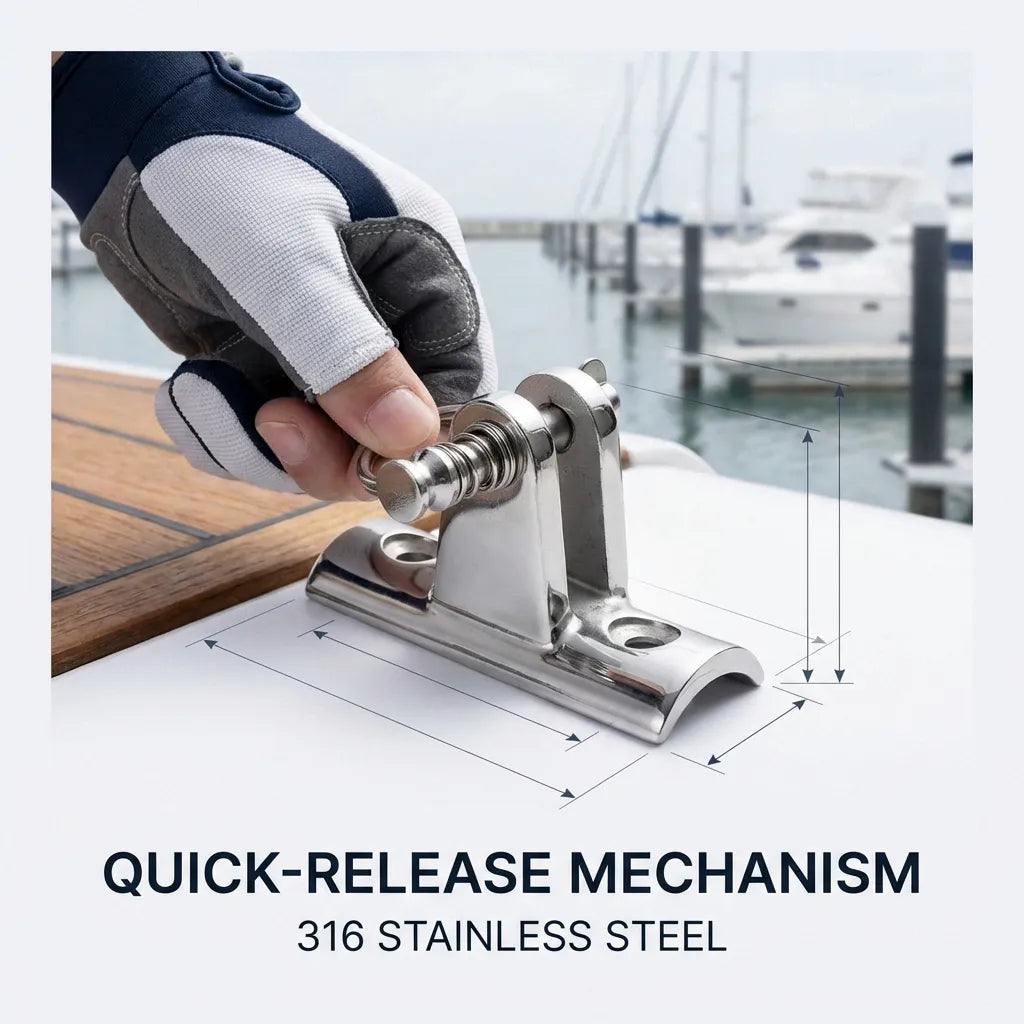 Close-up of a hand in a marine glove operating the spring-loaded quick-release pin on a boat deck.