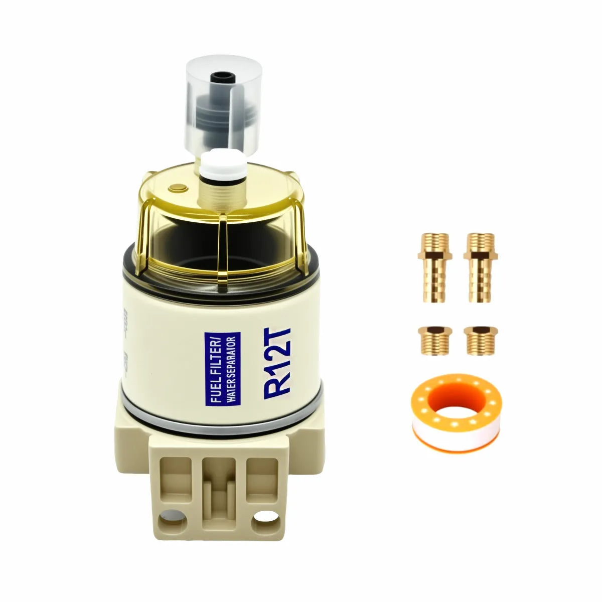Airow Marine R12T marine fuel filter and oil-water separator with transparent bowl, durable coated housing, brass fittings, and PTFE thread seal tape kit