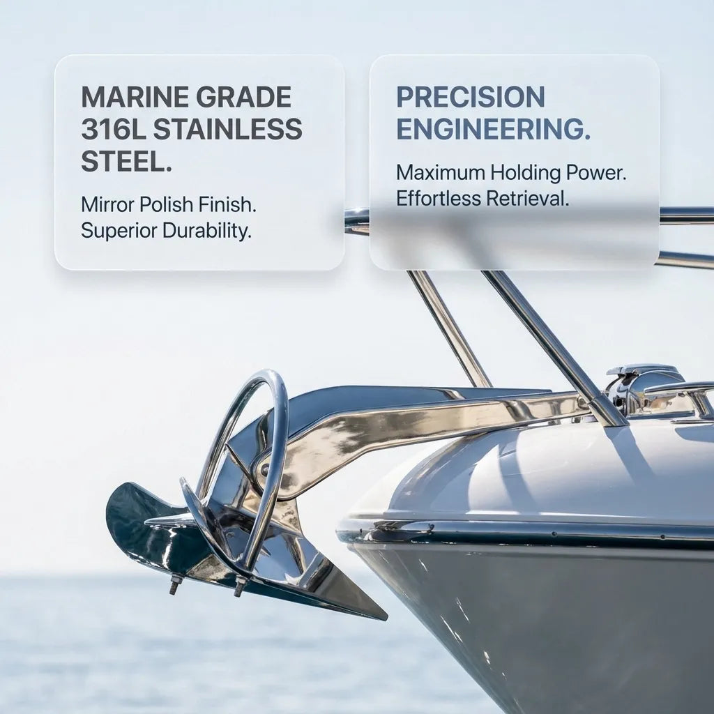 Close-up of the Rainbow Anchor installed on a boat's bow roller, showcasing the precision engineering and mirror-polished 316L stainless steel.