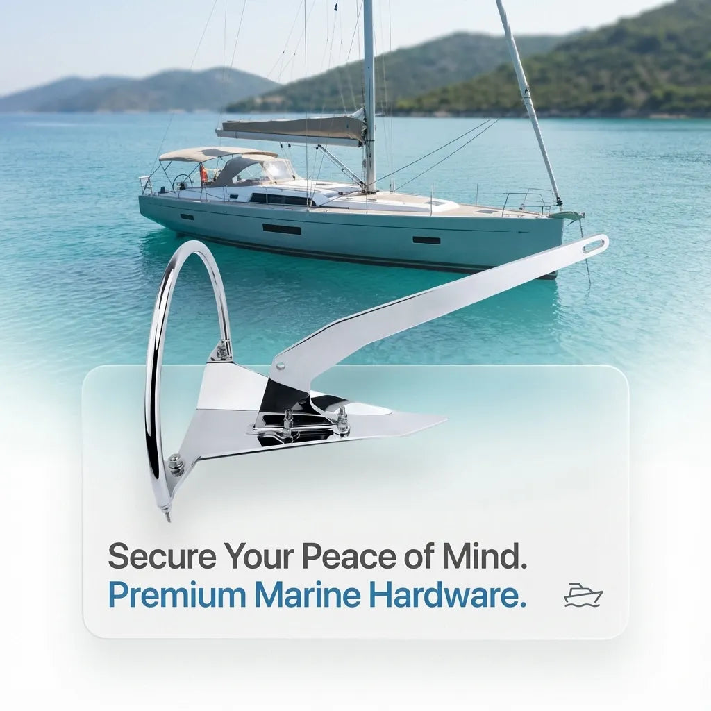 Lifestyle view of a premium yacht anchored in turquoise waters, emphasizing the security provided by high-performance marine hardware.