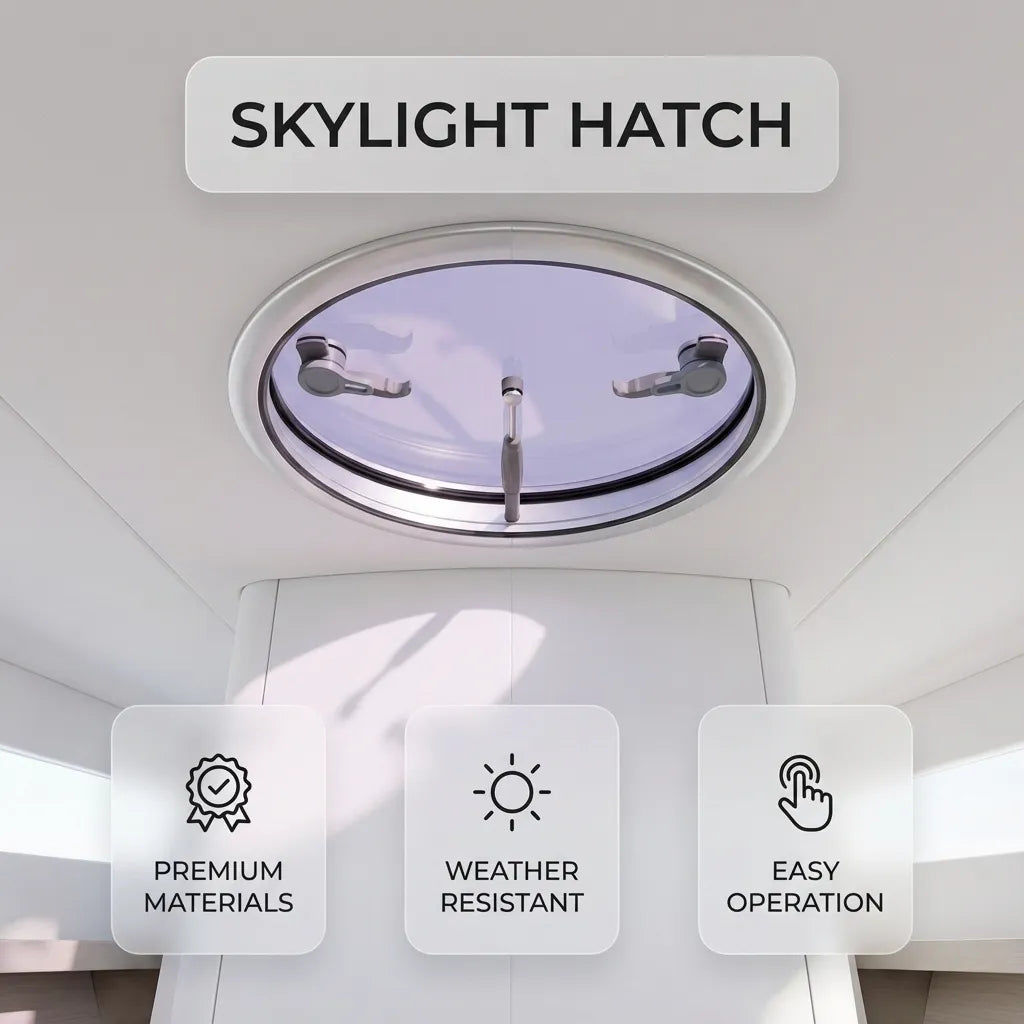 Interior view of the round skylight hatch installed in a boat cabin showing natural light transmission and locking handles.