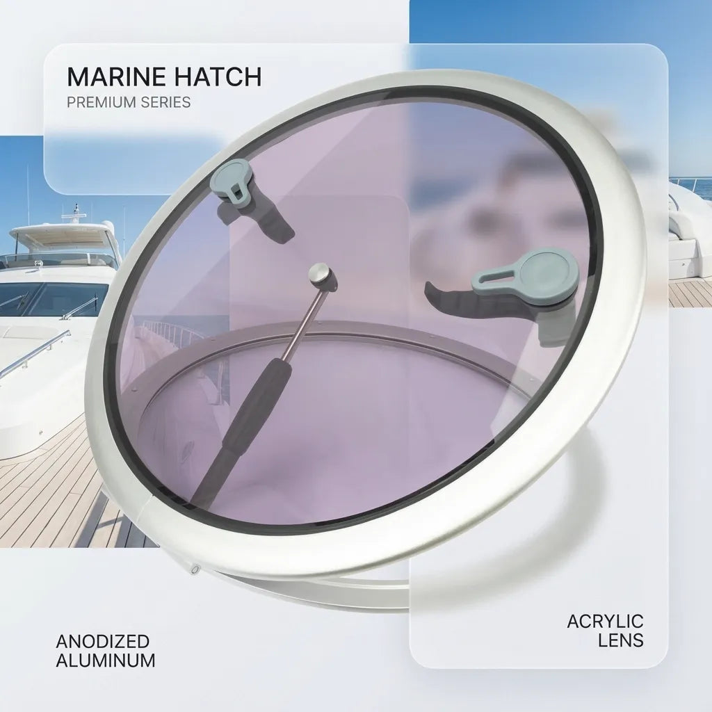Premium series marine hatch installed on the white deck of a luxury yacht with clear ocean views in the background.
