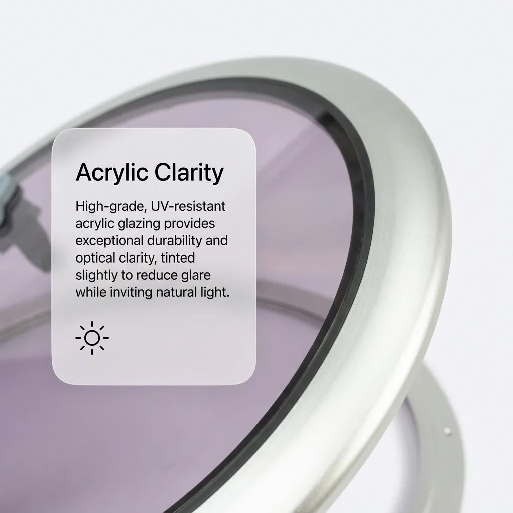 Close-up of the UV-resistant tinted acrylic glazing highlighting optical clarity and glare reduction properties.