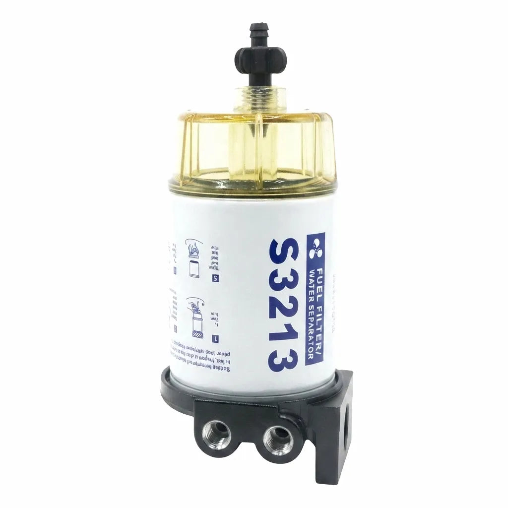AirowMarine S3213 Marine Fuel Water Separator Assembly with Transparent Water Collection Bowl, Black Aluminum Housing, and Top Fuel Line Connector