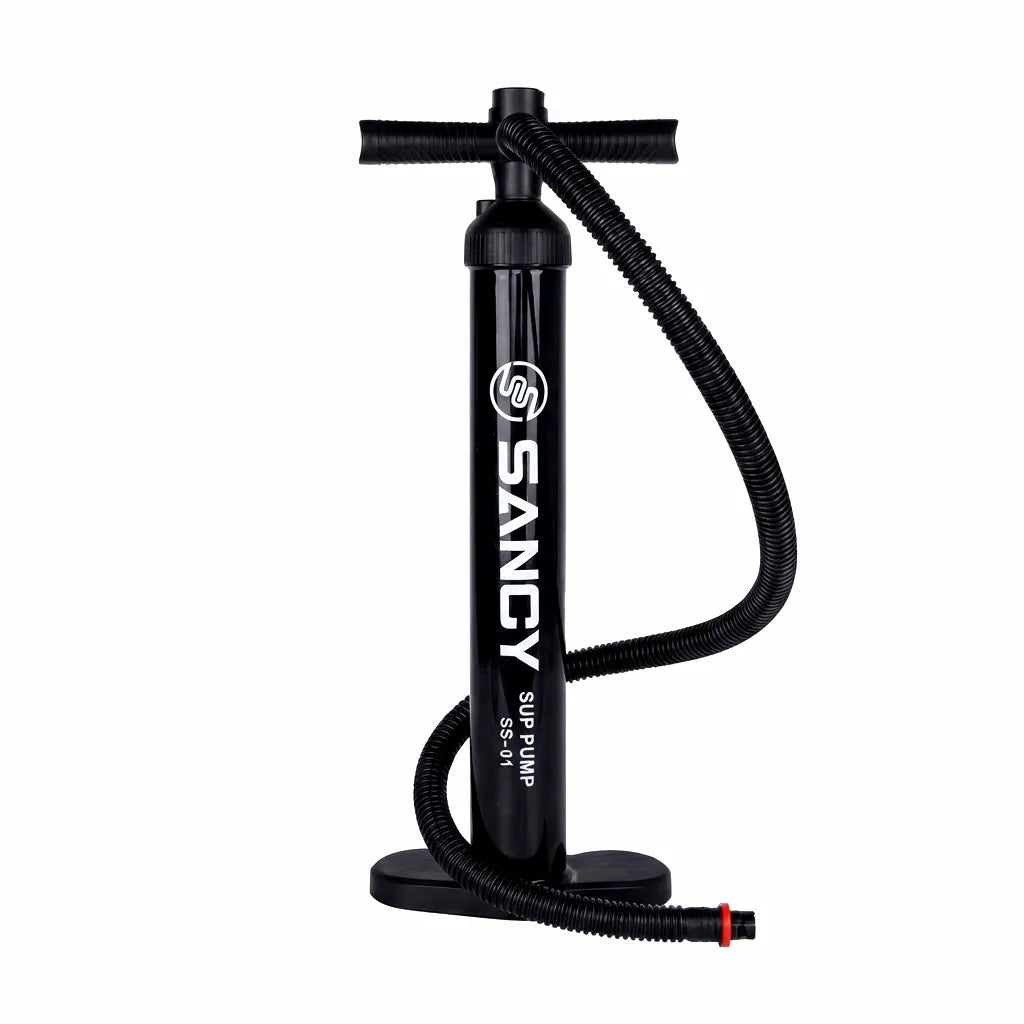 Sancy SUP Dual-Action High-Pressure Air Pump for Inflatables, black with white Sancy logo, on a pure white background