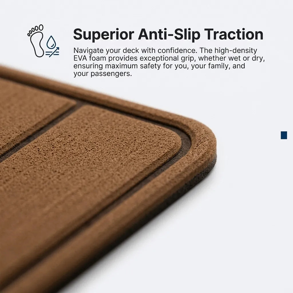 Macro close-up shot showing high-density double-layer EVA foam decking material with beveled edges and micro-textured non-slip surface grip.