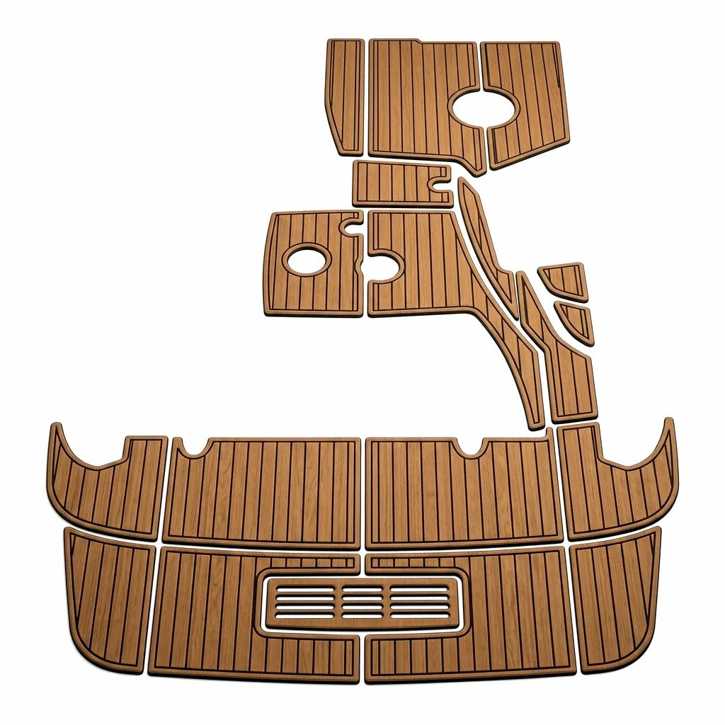 Complete CNC laser-cut premium brown and black EVA foam faux teak decking kit for 2017 Sea Ray 350.