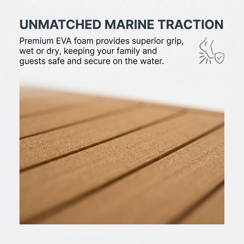 Close-up macro shot of the non-slip brushed faux teak surface texture of the marine-grade EVA foam decking.