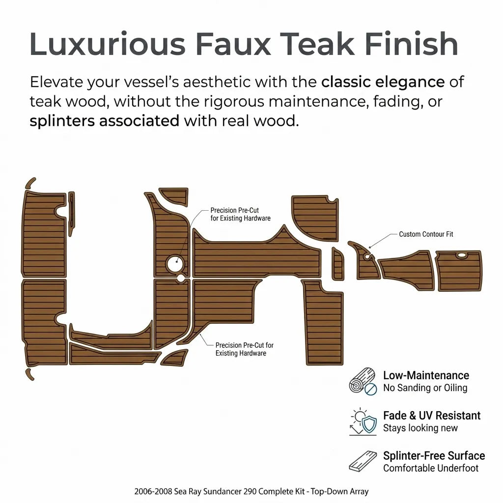 Top-down layout diagram displaying the full 14-piece decking array with pre-cut hardware holes and low-maintenance, UV-resistant indicators.