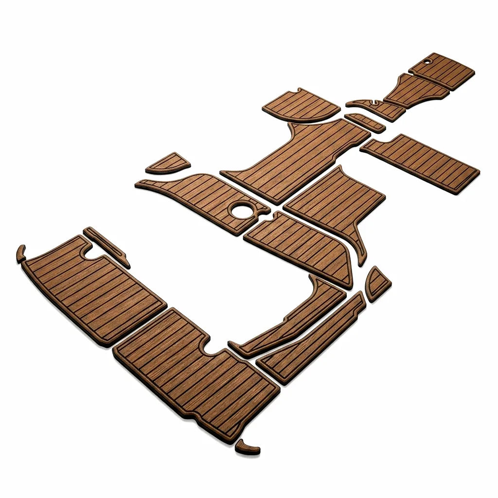 An isometric view of a multi-piece, custom-cut marine-grade EVA foam deck flooring kit in a faux teak brown color with black routed lines.