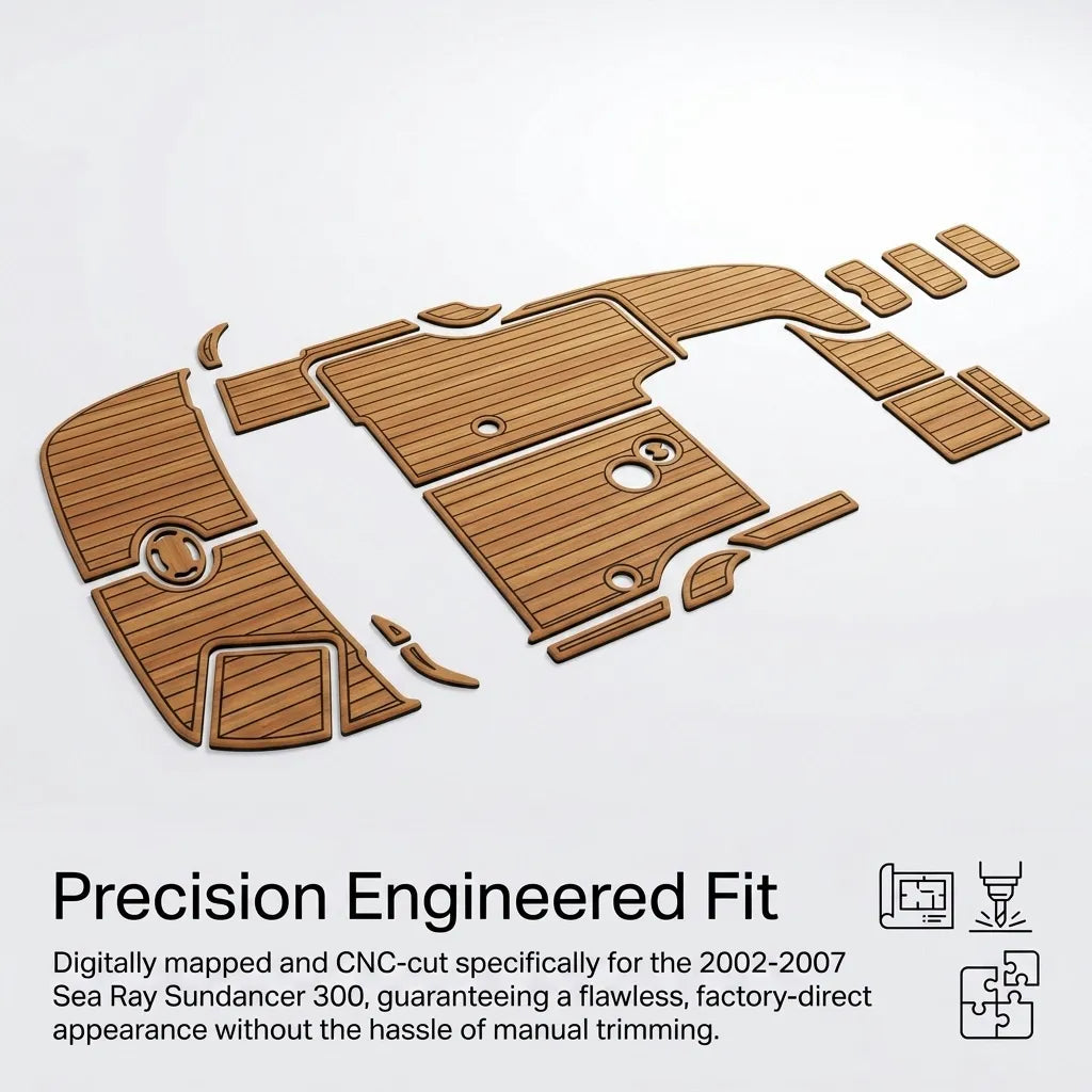Infographic diagram demonstrating the precision engineered CNC-cut mapping designed specifically to fit the cockpit layout of 2002-2007 Sea Ray Sundancer 300 boats.