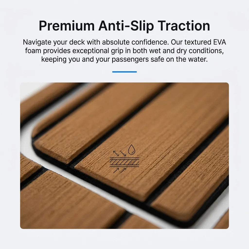 Extreme close-up showing the micro-brushed slip-resistant texture and dual-layer construction of the 6mm thick EVA foam marine decking, featuring a black bottom layer and a brushed brown top layer with integrated water drainage grooving.
