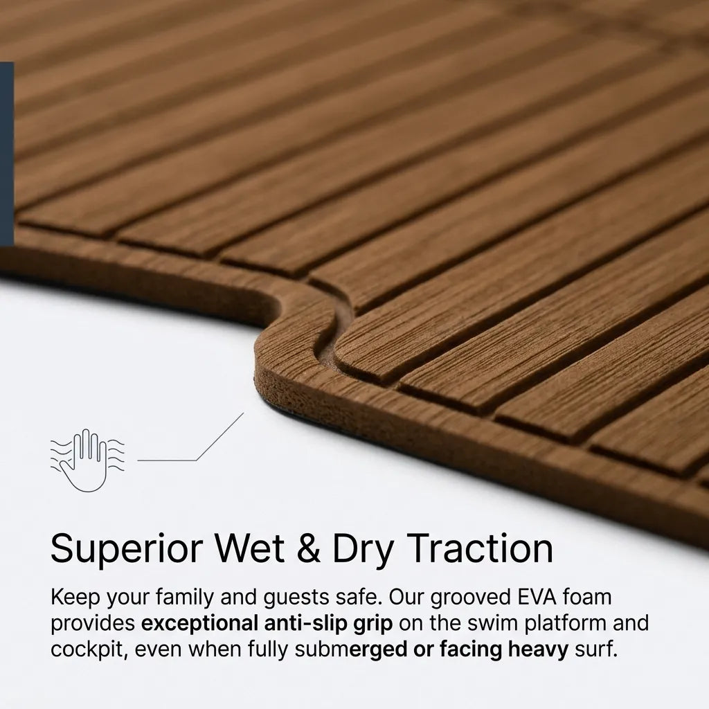 Macro close-up highlighting the brushed texture, deep traction U-grooves, and CNC-beveled edges of the 6mm thick closed-cell marine EVA foam sheet.