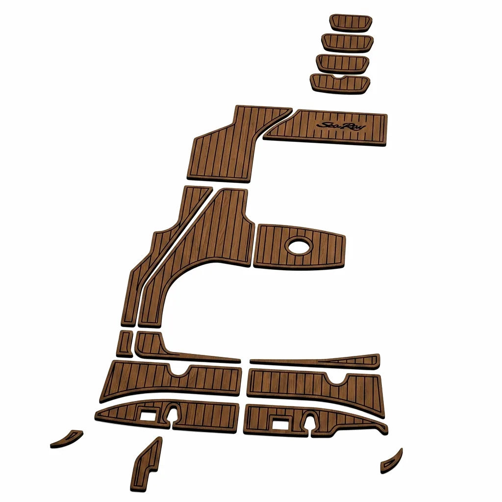 Complete multi-piece CNC-cut brown faux teak EVA foam decking kit for a 2008 Sea Ray Sundancer 335 swim platform and cockpit, shown on a clean white background.