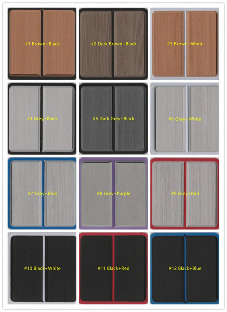 Grid chart showcasing 12 distinct dual-layer color combinations including Brown-Black, Dark Brown-Black, and various Gray-Black blends.