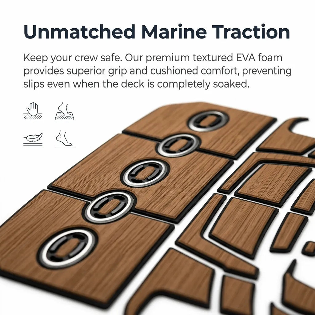 Macro shot highlighting the premium brushed non-slip texture of the dual-layer marine-grade EVA foam decking pad.