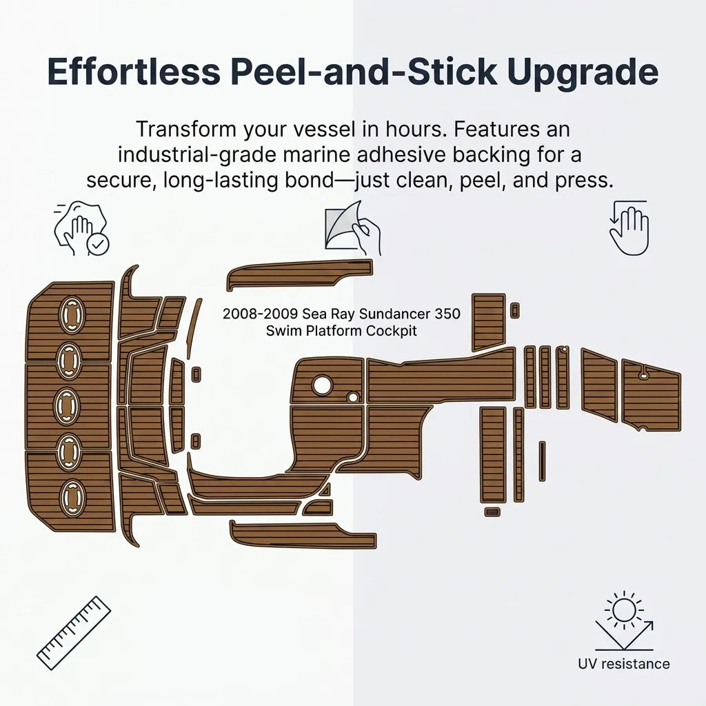 Infographic displaying the effortless peel-and-stick upgrade process utilizing industrial-grade marine pressure-sensitive adhesive backing.