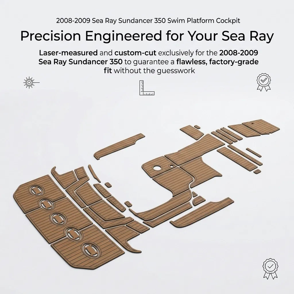 Diagram demonstrating the laser-measured and custom-cut design engineered for a flawless factory-grade fit on the 2008-2009 Sea Ray Sundancer 350.