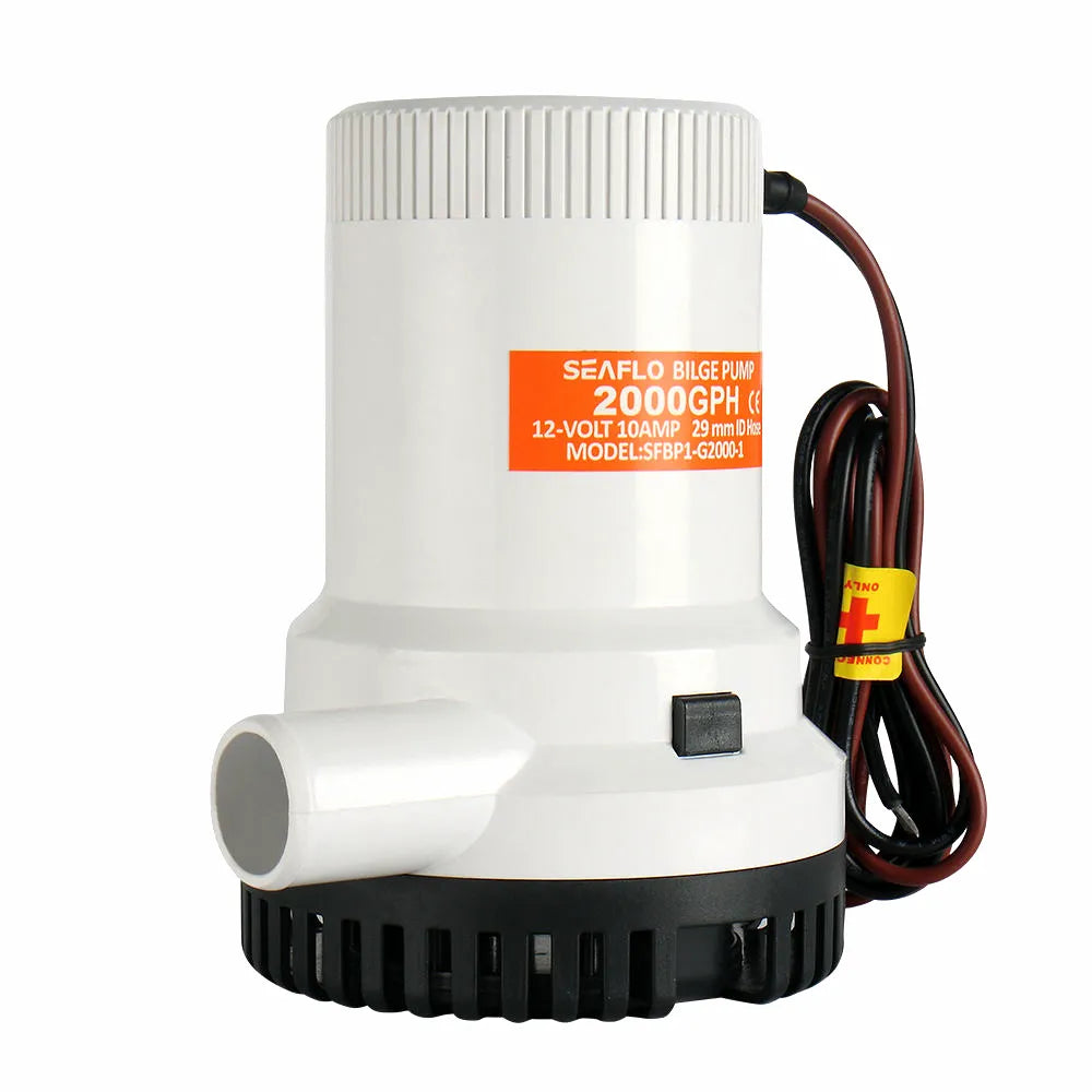 Seaflo 12V 2000 GPH marine bilge pump with high-impact white ABS housing and integrated black strainer base.