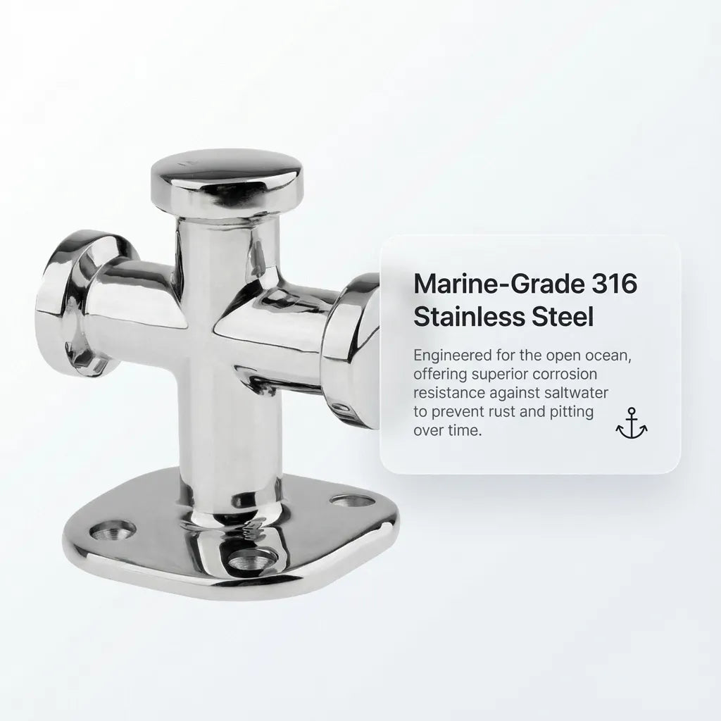 Product detail with a text box highlighting the 316 stainless steel construction engineered for superior corrosion resistance in open ocean environments.