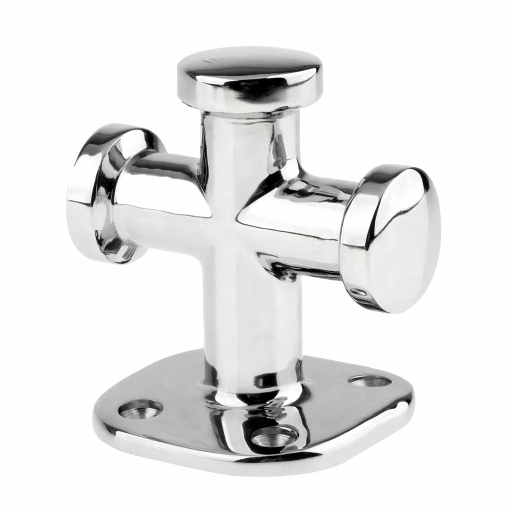 A mirror-polished 316 marine-grade stainless steel single cross-bit mooring bollard shown from an isometric view on a pure white background.