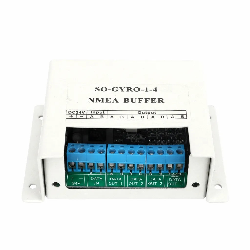 SO-GYRO-1-4 NMEA Buffer with 1 input and 4 isolated outputs, showing 24V DC input and output screw terminal blocks.