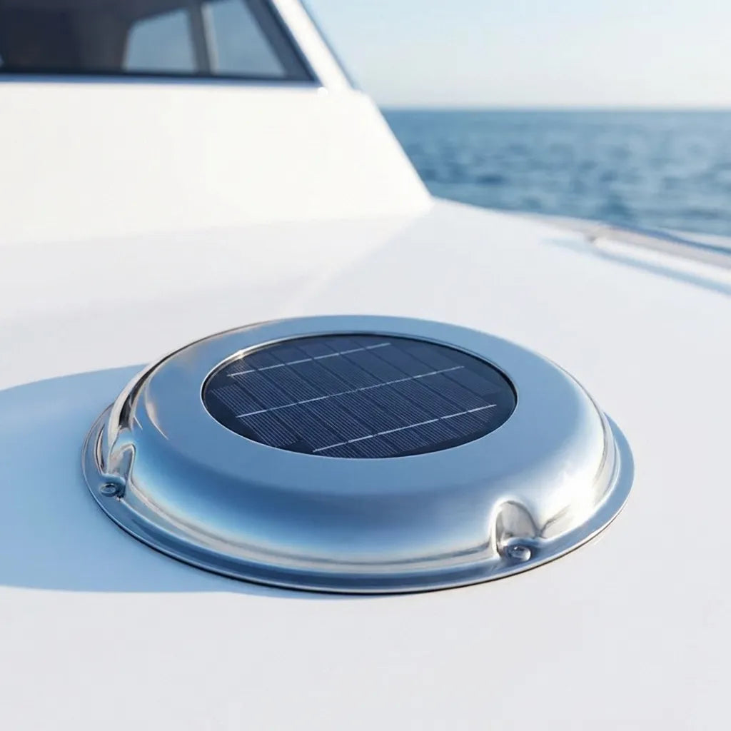 Close-up of the solar ventilator installed on a white fiberglass boat deck with the ocean in the background.