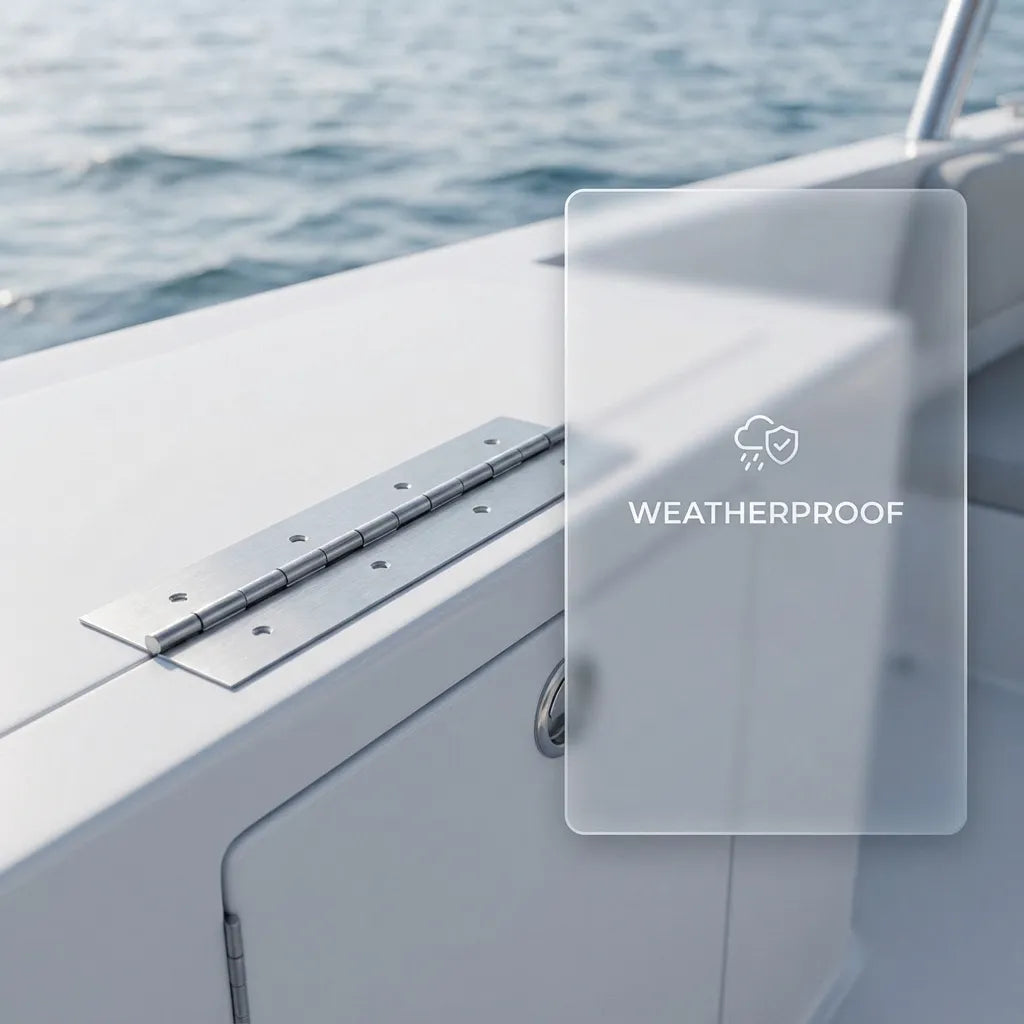 A continuous 316 stainless steel hinge installed on a boat deck hatch, demonstrating weatherproof performance in a marine setting.