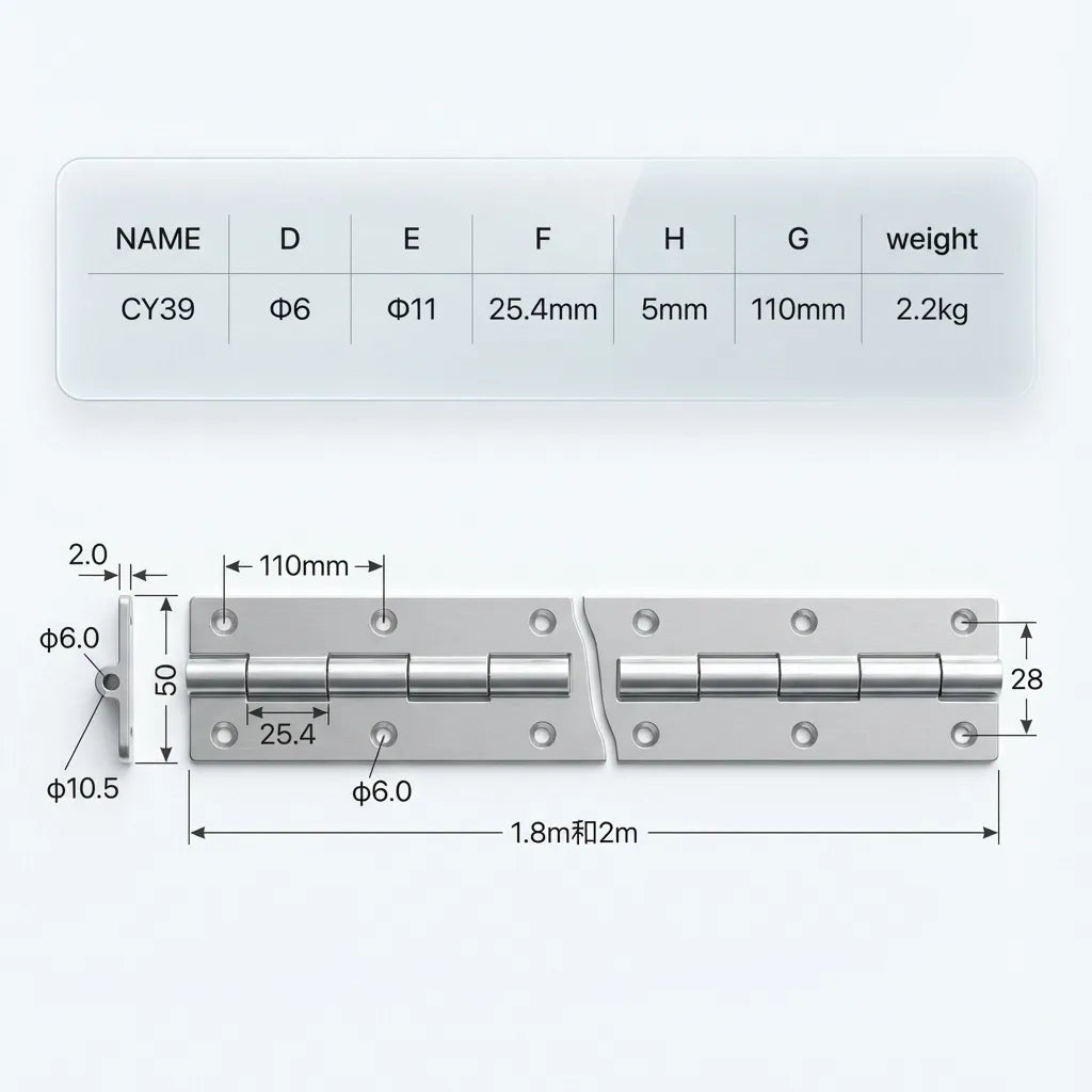 Technical blueprint for CY39 hinge showing 1.5mm thickness, 76mm open width, 1500mm length, and 25.4mm hole spacing.