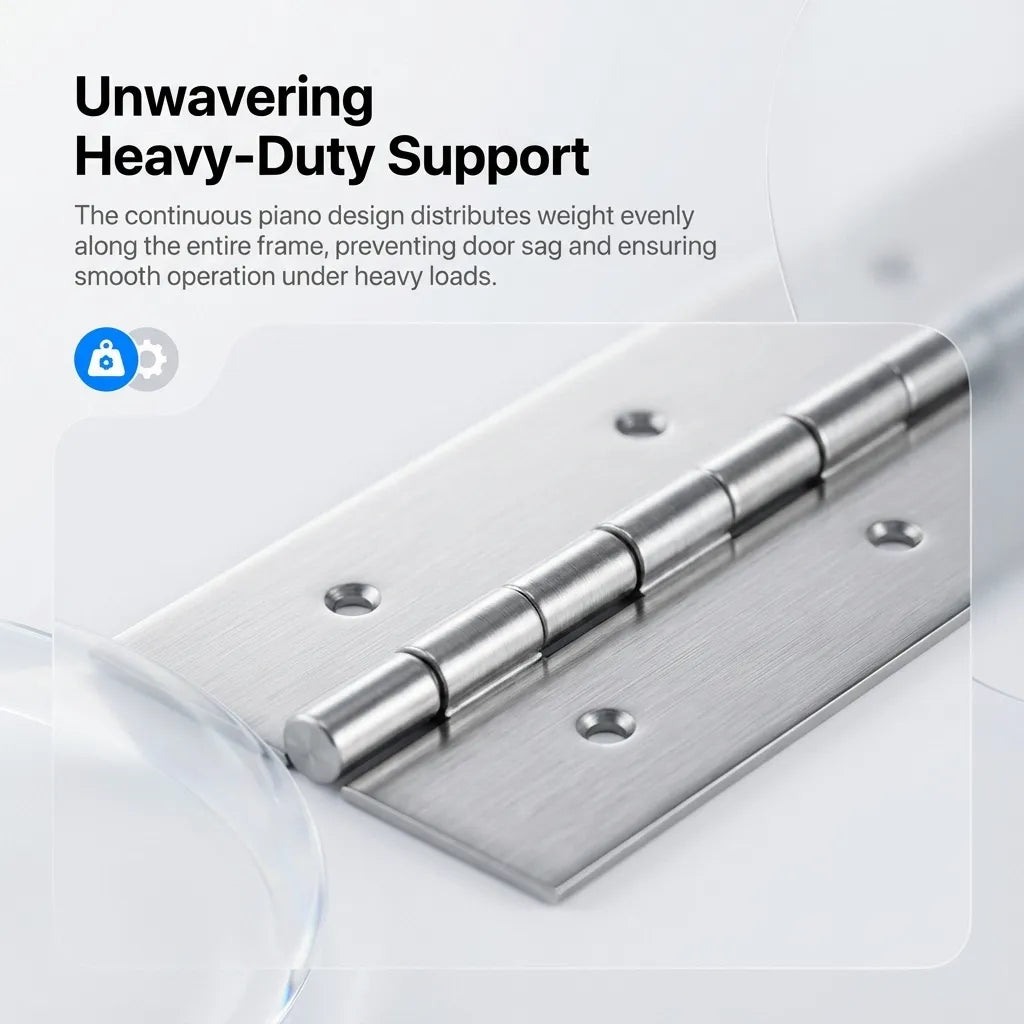 Close-up of the continuous piano hinge pin and knuckles, illustrating even weight distribution to prevent door sag.