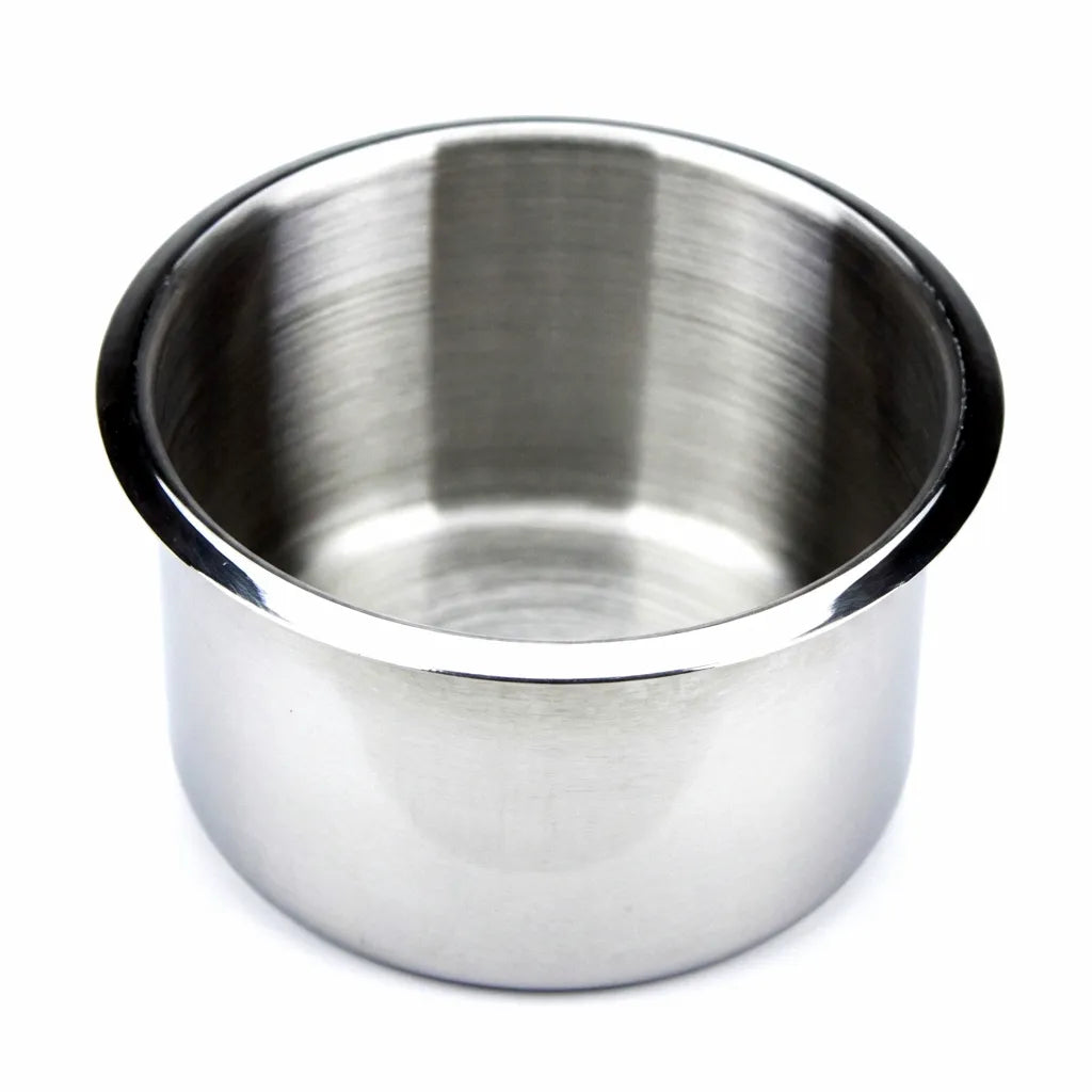High-angle shot of a 304 stainless steel drop-in cup holder on a clean white background, showcasing the polished rim and brushed interior finish.