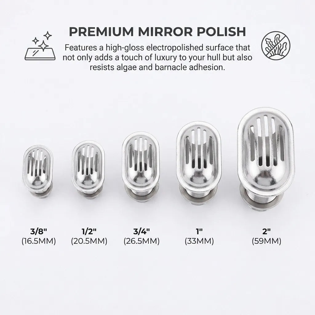 A side-by-side visual comparison of five different intake strainer sizes showing the premium electropolished mirror finish that resists algae adhesion.