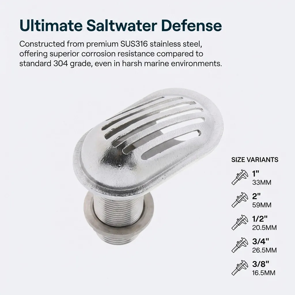 Infographic highlighting SUS316 stainless steel saltwater defense properties and listing five available size variants from 3/8 inch to 2 inch.