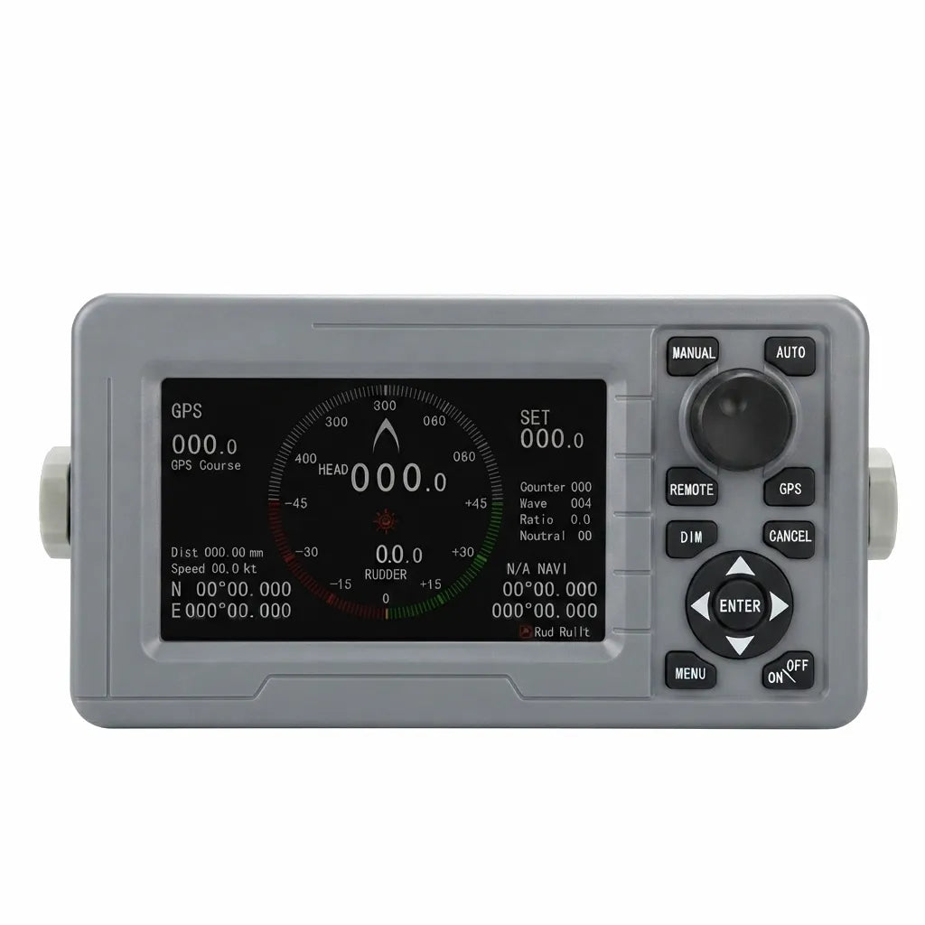 SY-298B Marine Autopilot control unit with high-contrast color LCD display, showing GPS course, heading, rudder angle, and navigation data.