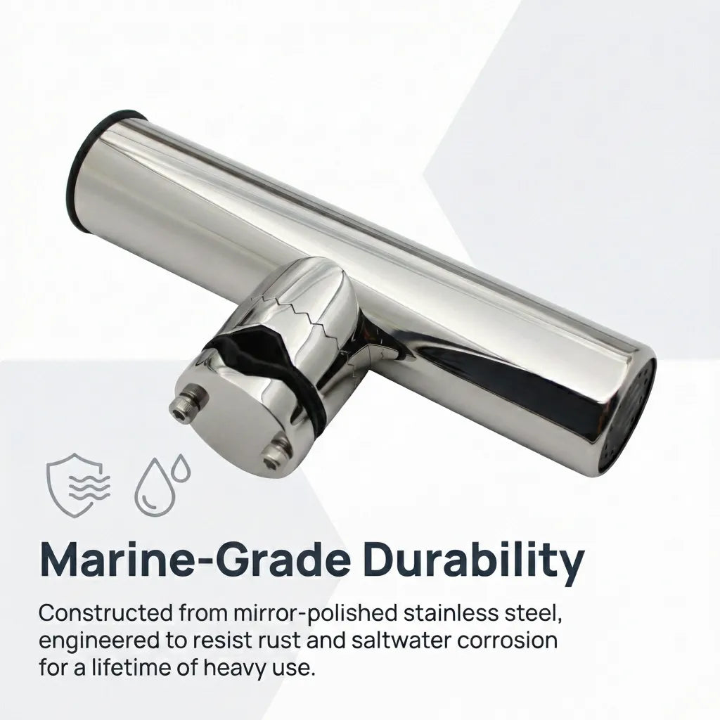Infographic highlighting marine-grade durability and mirror-polished stainless steel construction to resist saltwater corrosion.