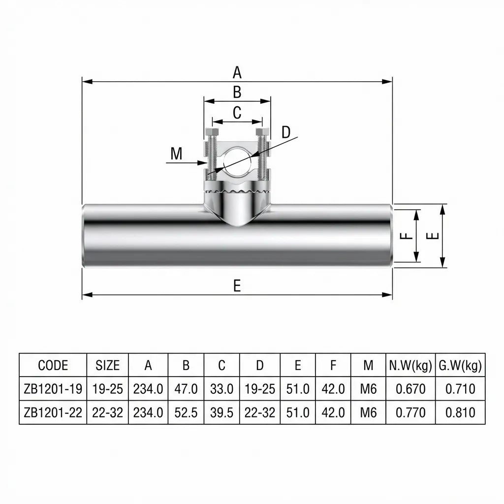 Technical schematic drawing showing dimensions A through F for models ZB1201-19 and ZB1201-22, including tube length and clamp range.