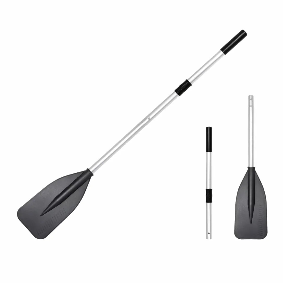 AirowMarine Two-Piece Telescoping Boat Paddle, shown fully extended and in its two compact sections. Features a silver aircraft-grade aluminum shaft with black high-impact nylon blade and ergonomic grips.