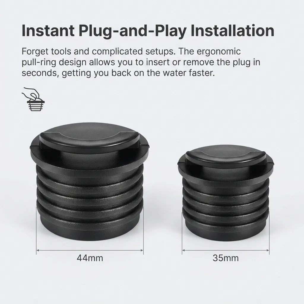 Diagram highlighting tool-free installation and comparison of 44mm and 35mm base diameters.
