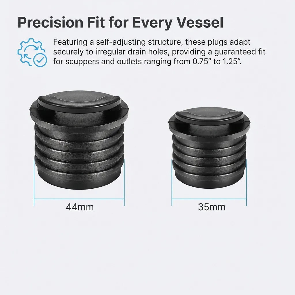 Specifications for self-adjusting structure fitting scupper holes from 0.75 inches to 1.25 inches.