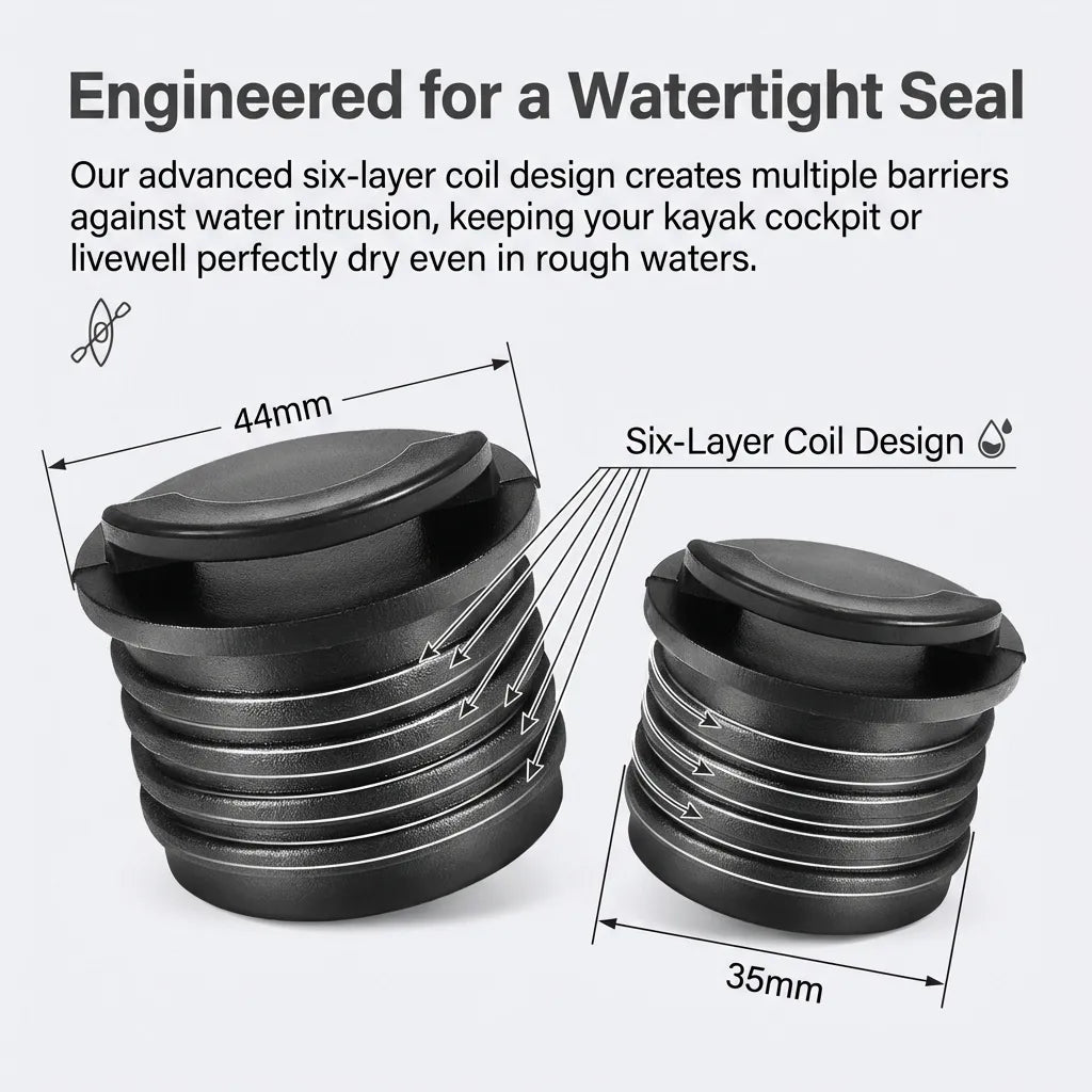 Technical diagram showing 44mm top diameter and six-layer coil design for multi-barrier water intrusion protection.