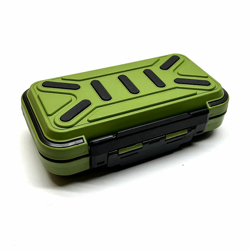 Rugged green waterproof fishing tackle box with secure dual-latch system and textured ABS shell on a white background.