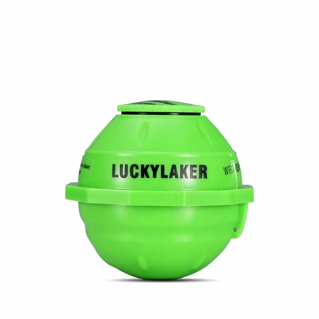 Bright green wireless HD sonar fish finder with 'LUCKYLAKER' branding on a pure white background, showcasing its compact, spherical design with a flat base for stability.