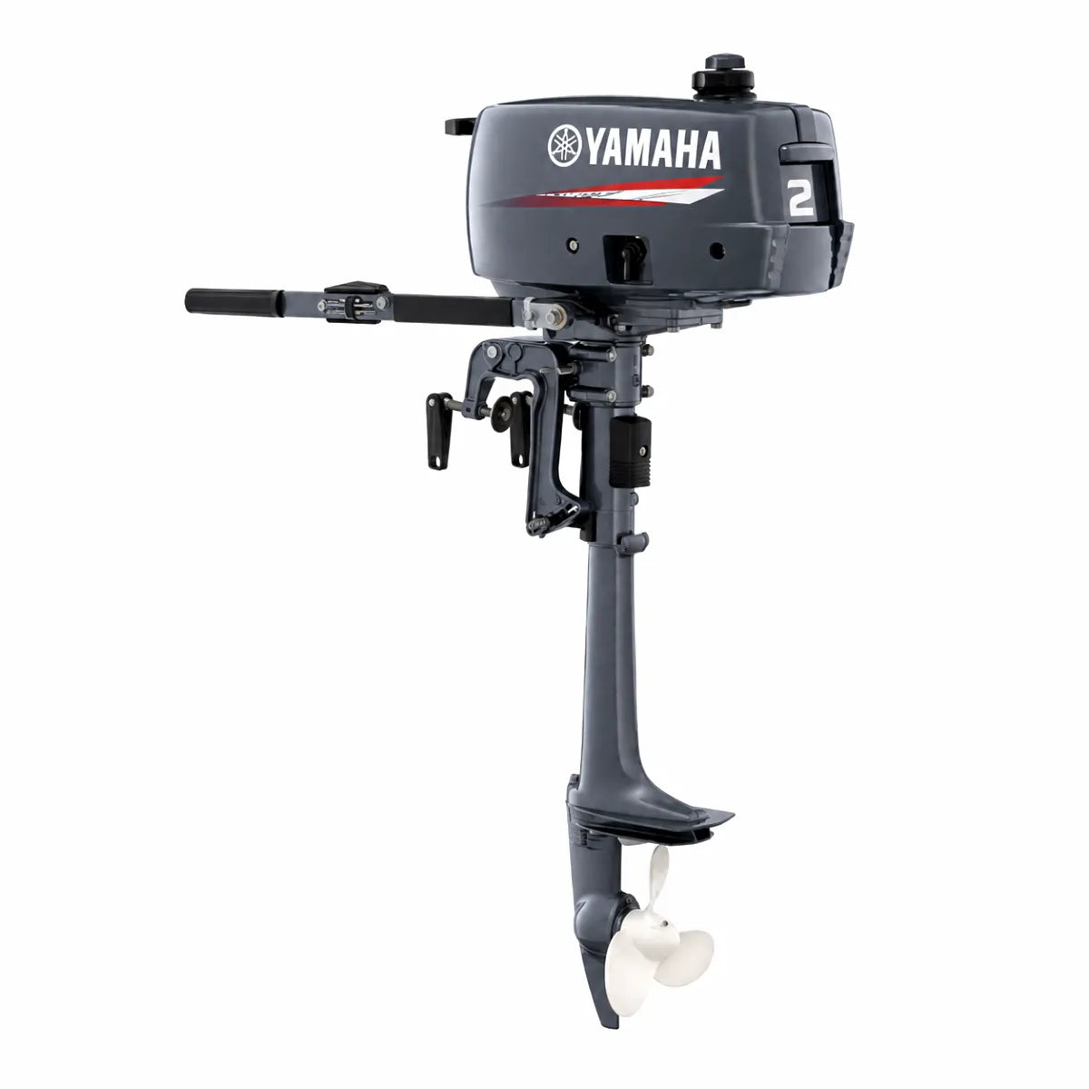 Yamaha 2HP 2-stroke short-shaft outboard motor with grey engine cowling, integrated fuel tank, black tiller handle, and white propeller, on a pure white background.