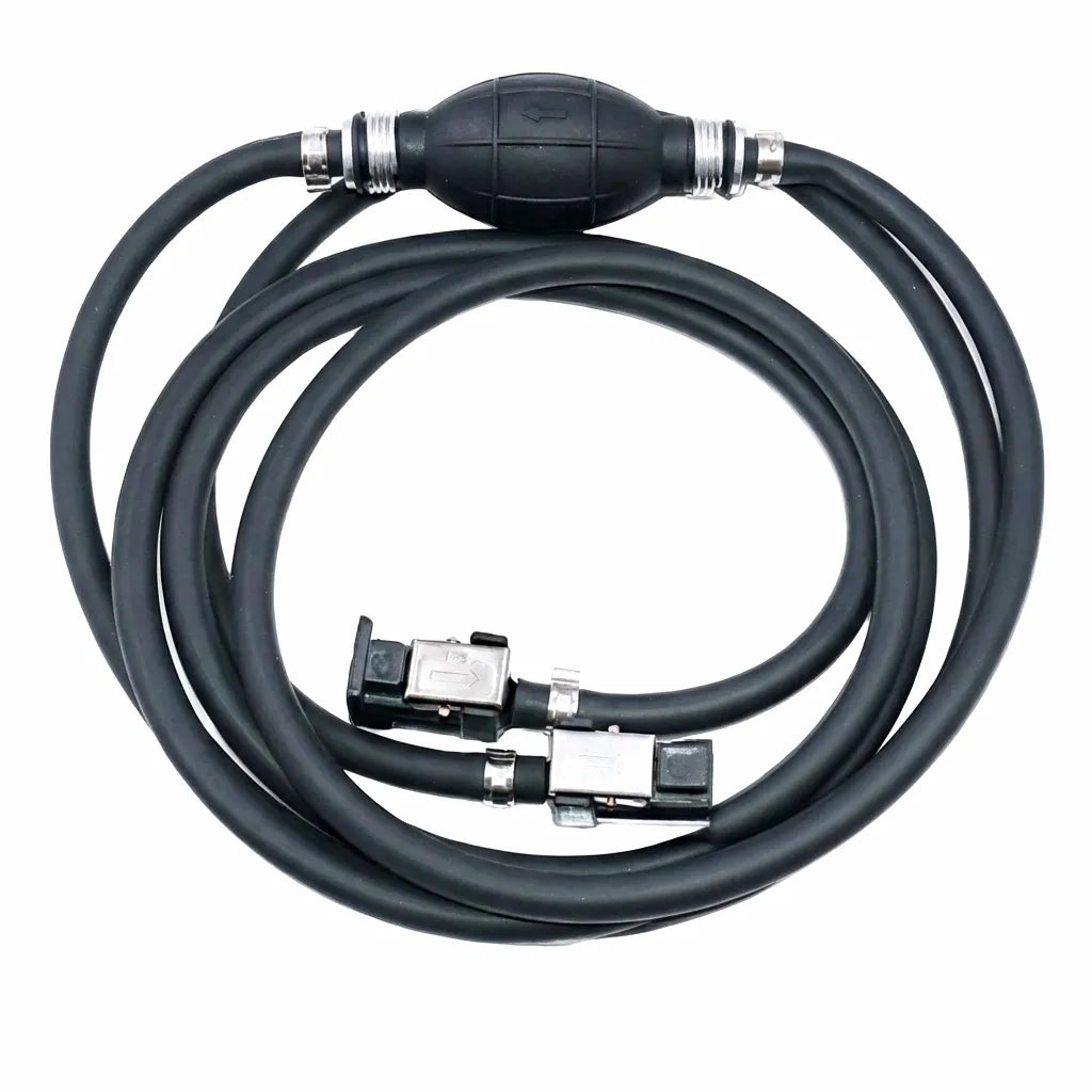 Main hero shot of the 3-meter 6mm boat motor fuel line assembly featuring a black rubber primer bulb and dual connector ends for Yamaha outboards on a white background.